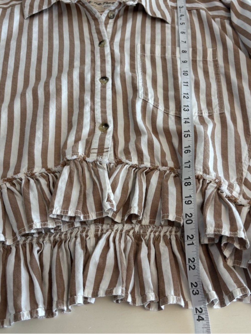 We The Free Beige and White Striped Ruffle Hem Button Down Shirt - Picture 7 of 12